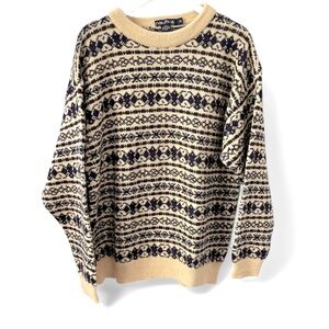 Nautica 100% Alpaca Wool Fair Isle Patterned Fisherman Sweater Unisex Men Sz L